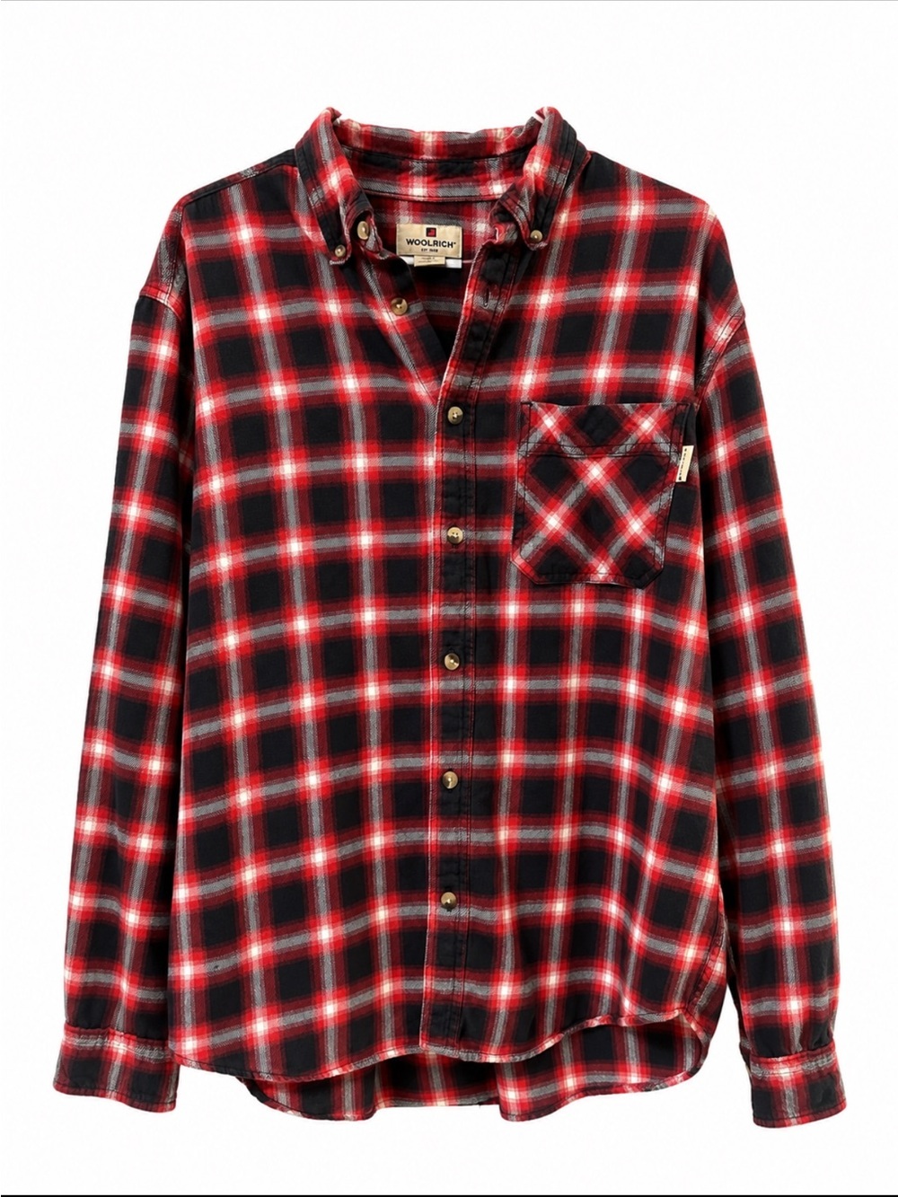 Woolrich Red Black Plaid Flannel Button Down Shirt Men’s L Soft Cotton